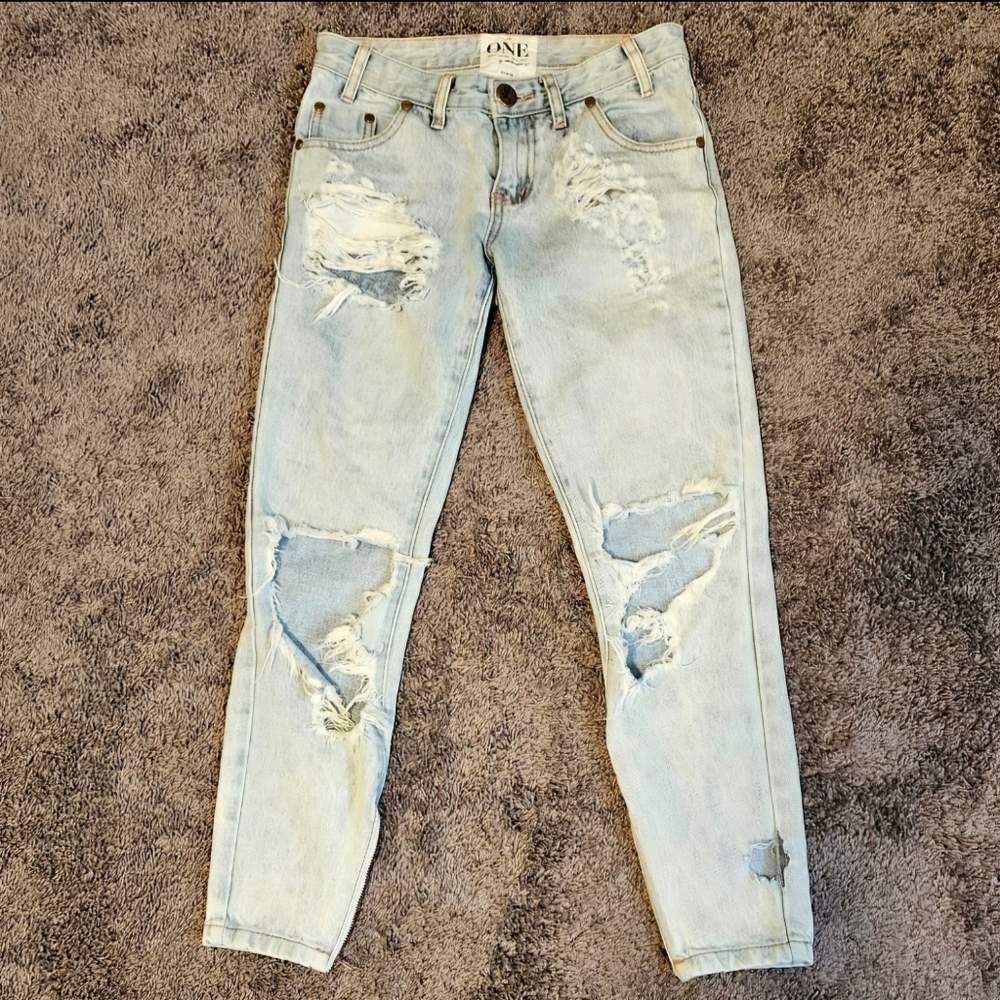 One Teaspoon Trashed Freebirds Light Wash Destroyed Cropped Skinny Jeans SIZE 22